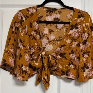 American Eagle Outfitters Yellow Flutter Sleeve Tie-Front Blouse